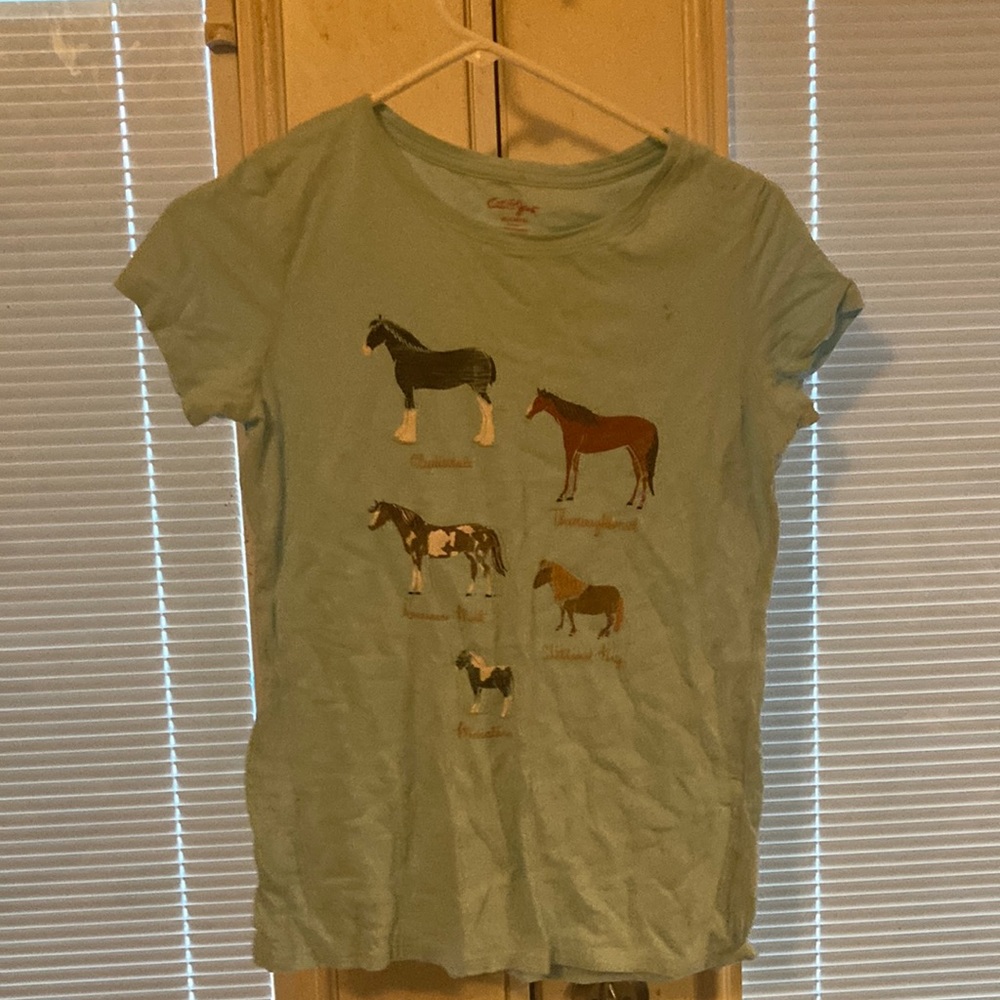 It ways too small for me it is a light blue color with 5 different horses